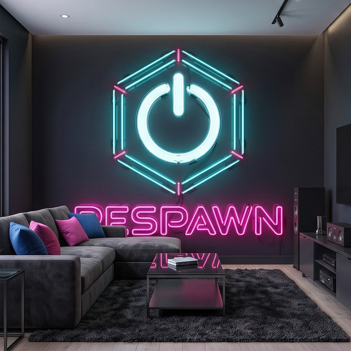 Neon gaming wall mural with glowing hexagon power icon and 'RESPAWN' text