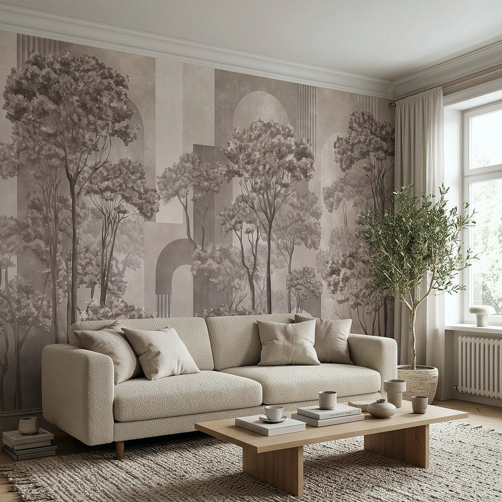 Neutral taupe forest wall mural with repeating tree silhouettes and arched forms