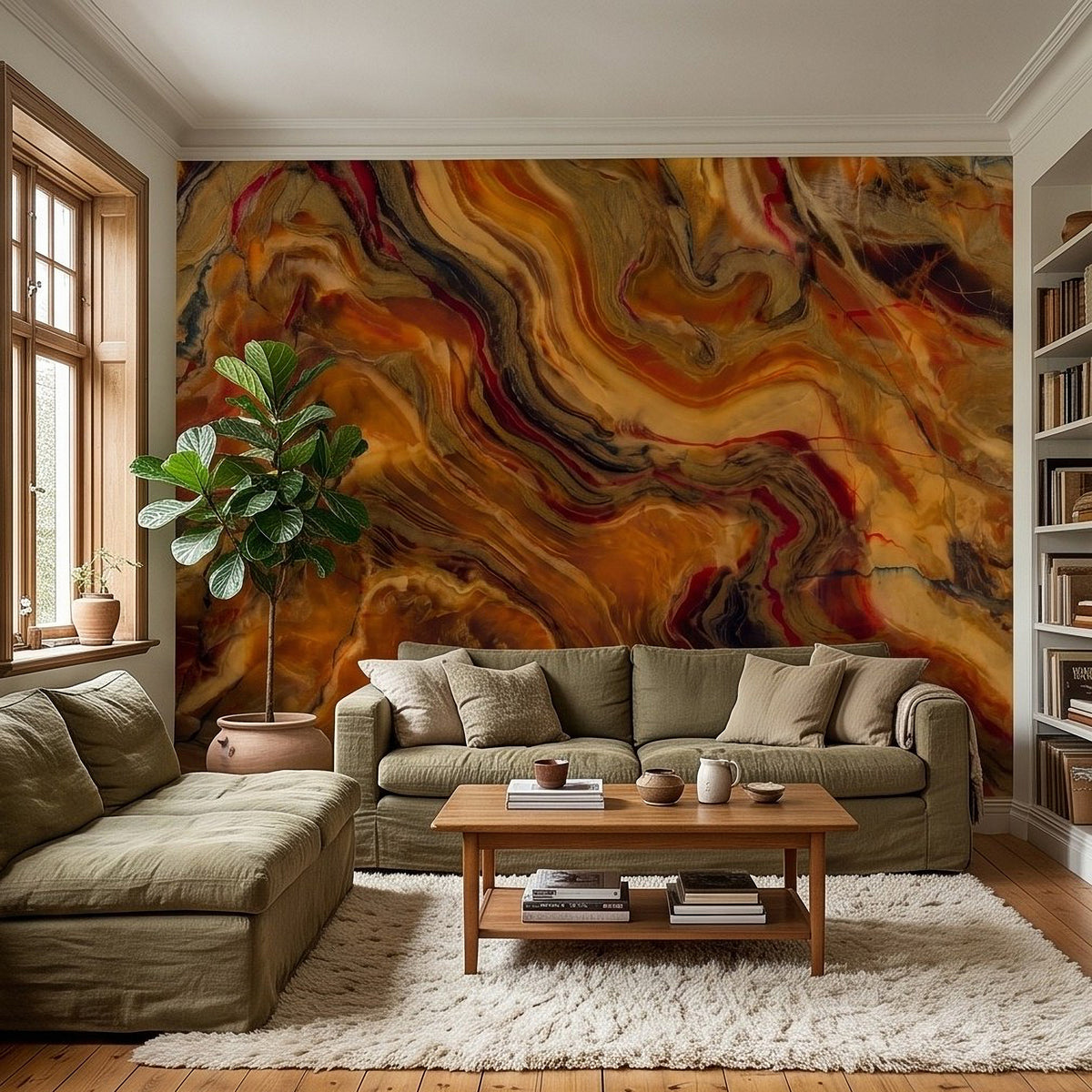 Earthy abstract marble wall mural with flowing orange and gold swirls and dark red accents