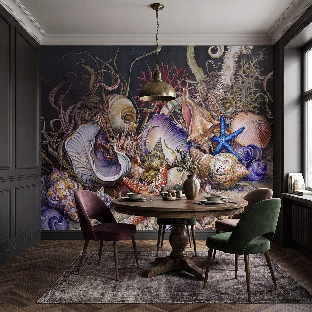 Ocean shell and starfish wall mural on dining room wall with blue starfish