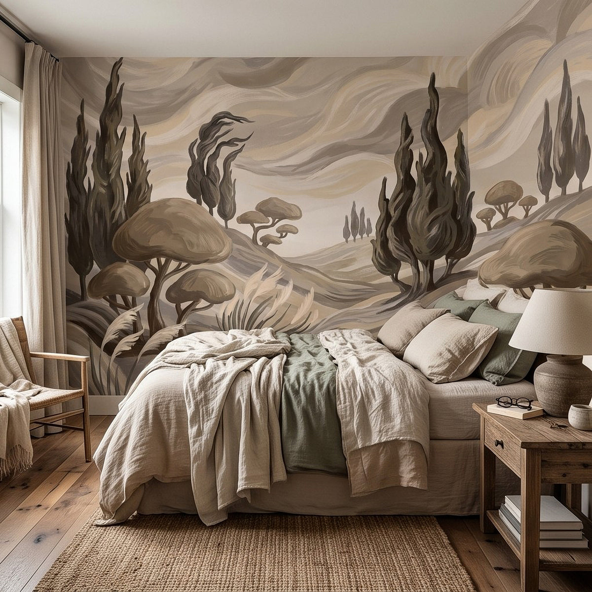 Abstract Tuscan landscape wall mural with tall cypress trees above textured grasses
