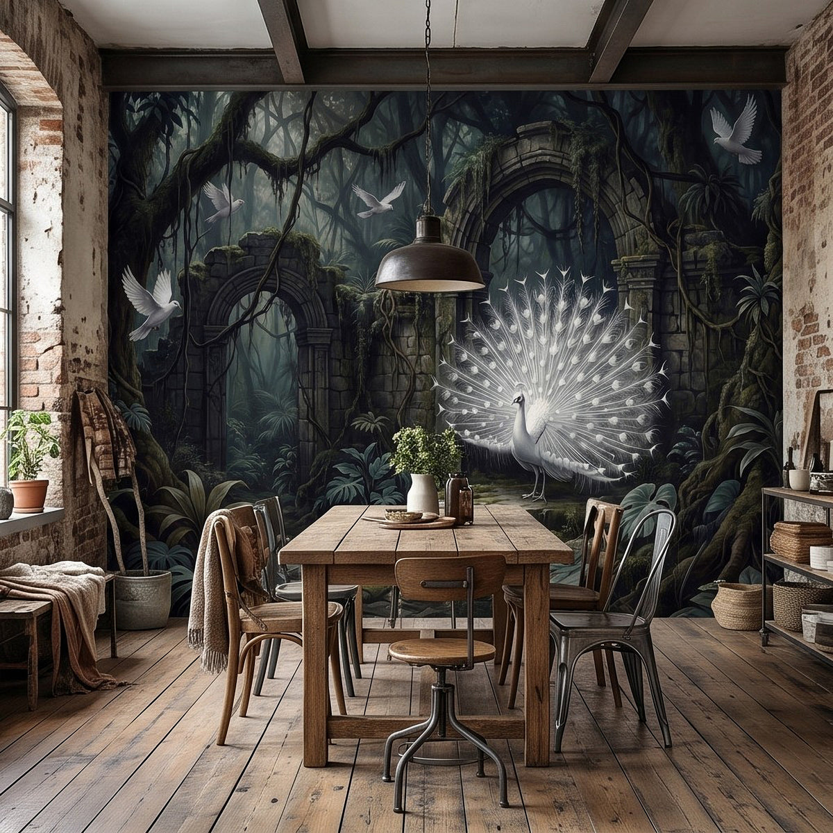 Peacock-themed jungle ruins wall mural with white peacock fan and distant stone arches