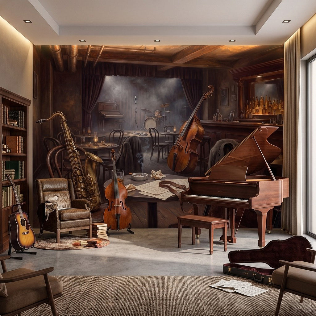 Retro music lounge wall mural showing saxophone and double bass with bar shelves in back