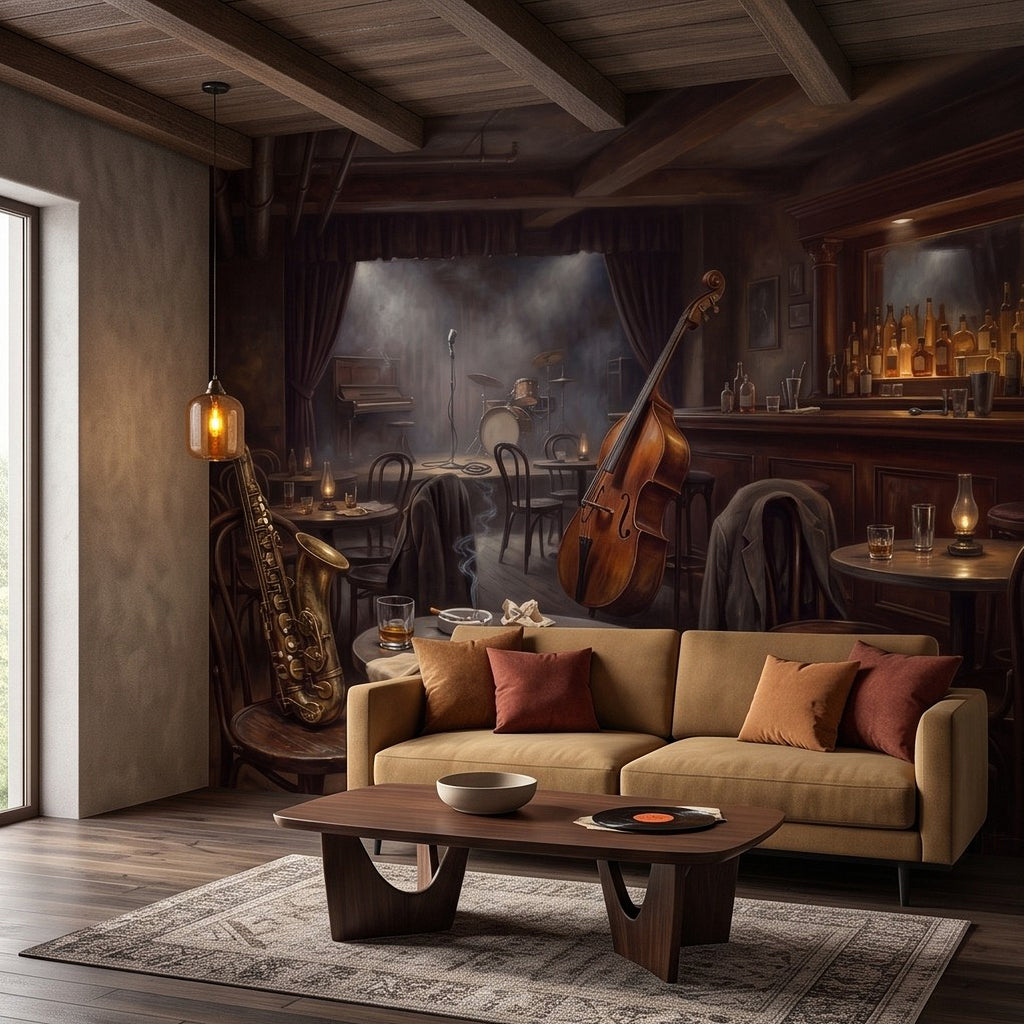 Retro music lounge wall mural showing saxophone and double bass beside a bar counter