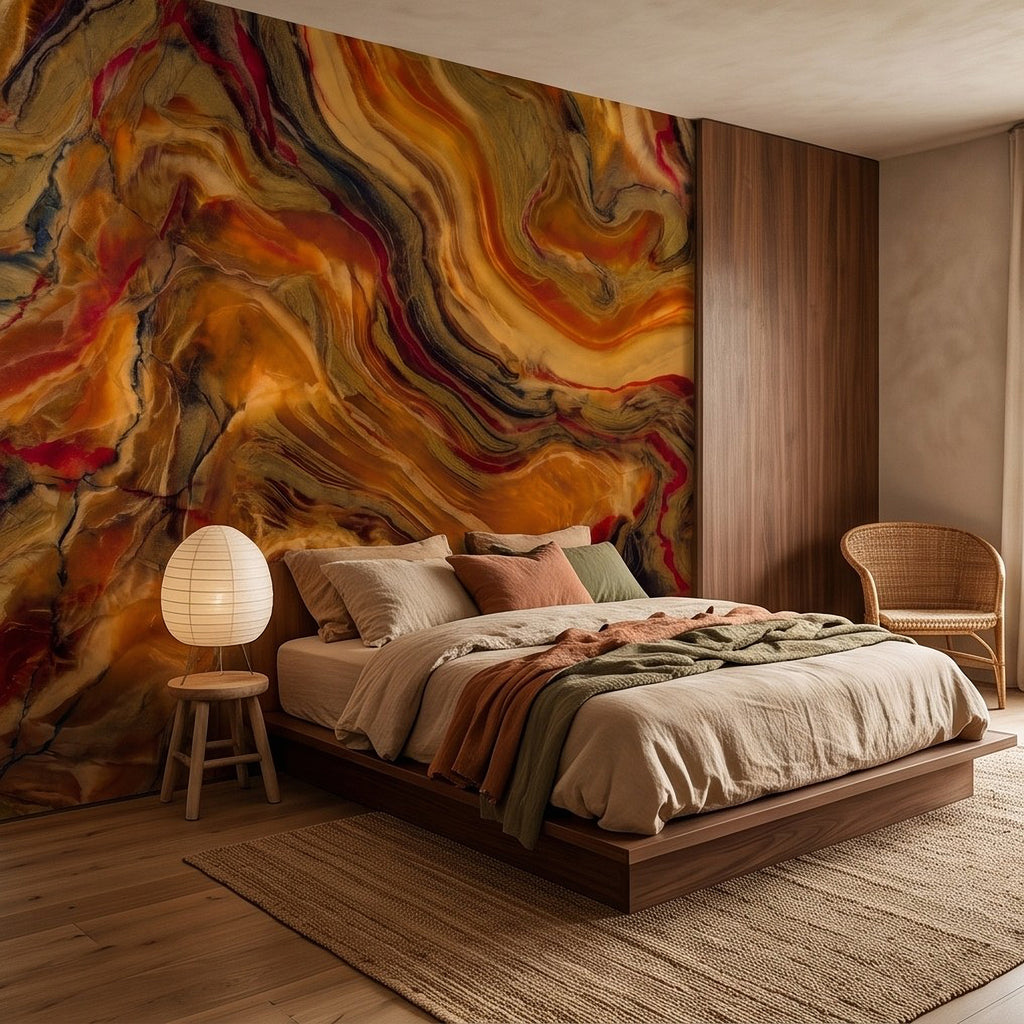 Abstract stone-like wall mural with flowing amber, orange-gold, and dark red ribbon veins