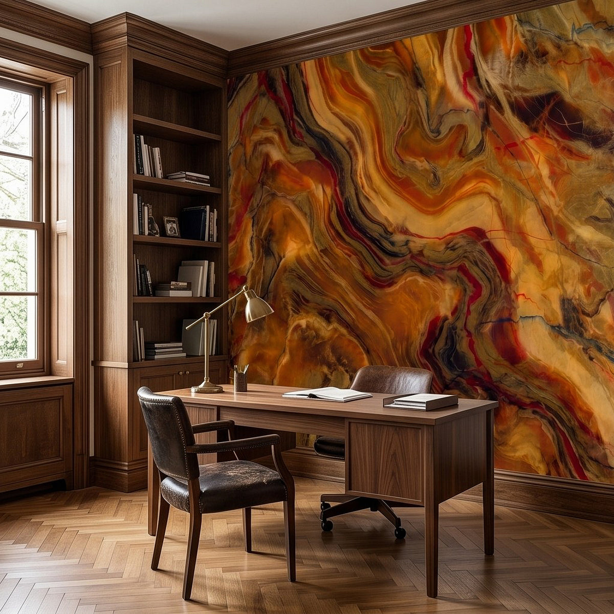 Earthy abstract marbled wall mural on office wall, flowing amber and red veins with dark accents