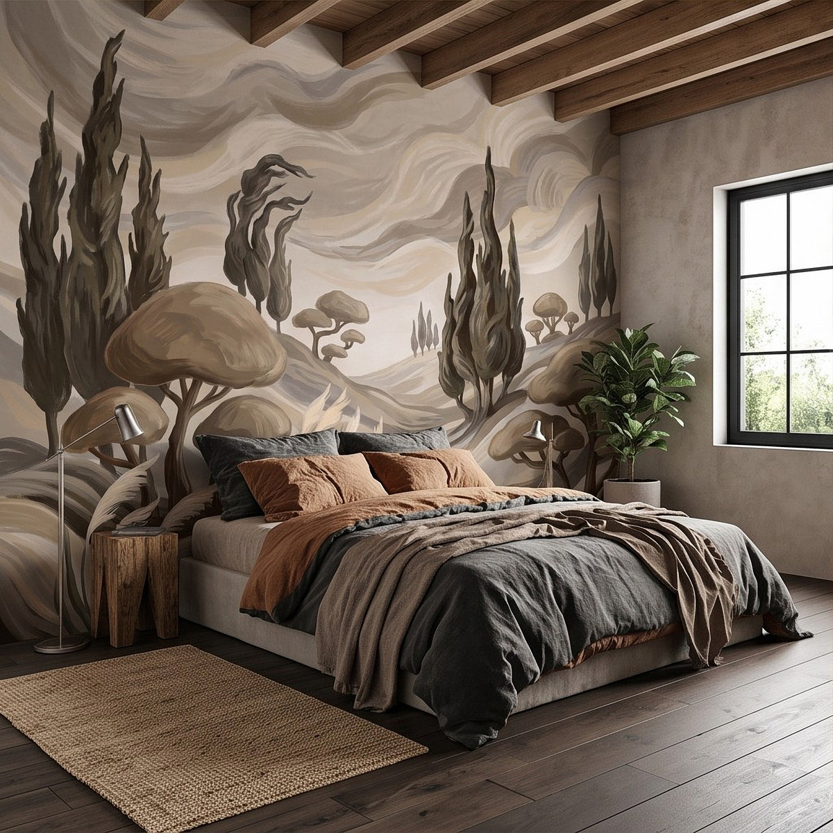 Abstract Tuscan wall mural featuring cypress trees, rolling hills, and soft swirled clouds
