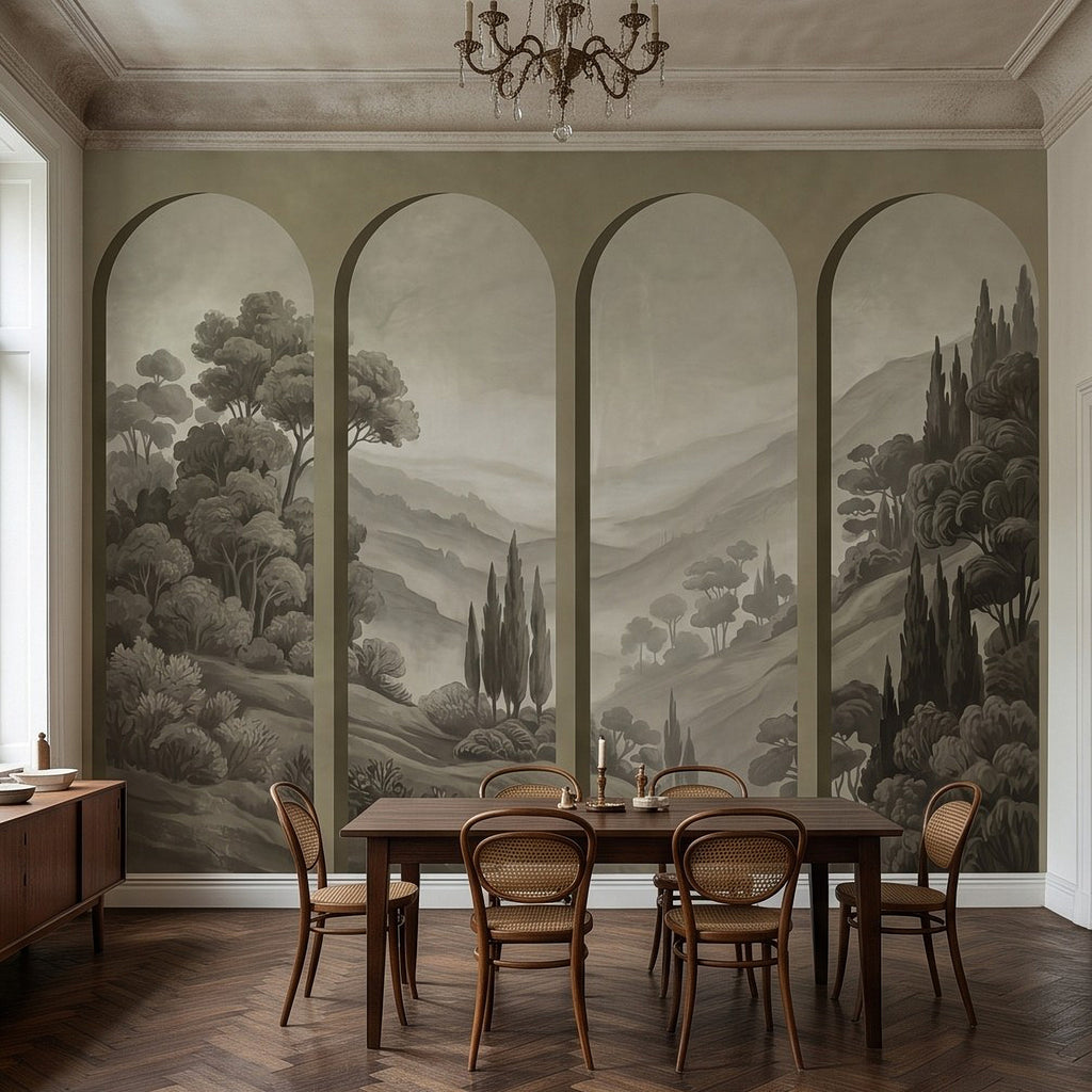 Tuscan arched landscape wall mural in a dining room with table and chairs