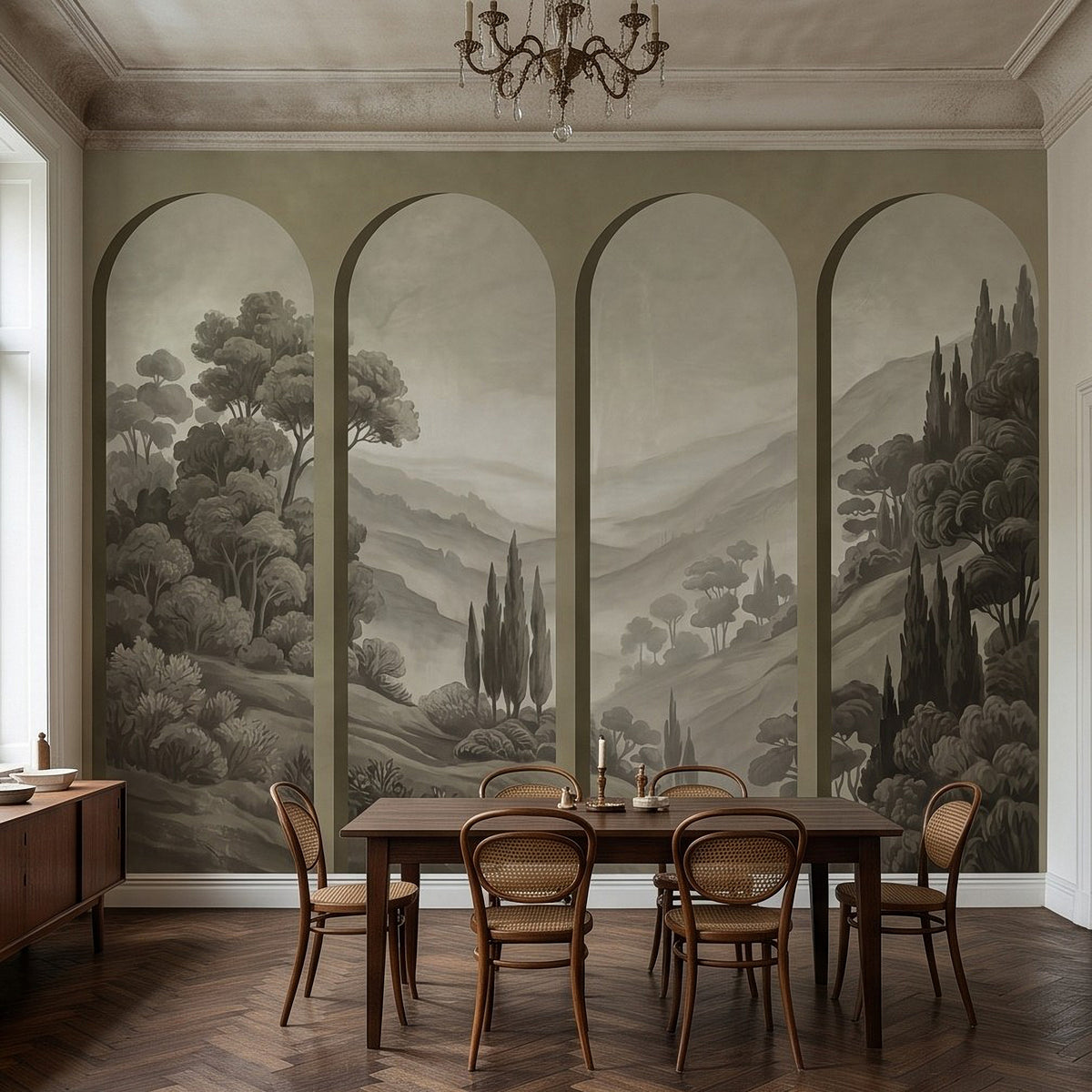 Tuscan arched landscape wall mural in a dining room with table and chairs