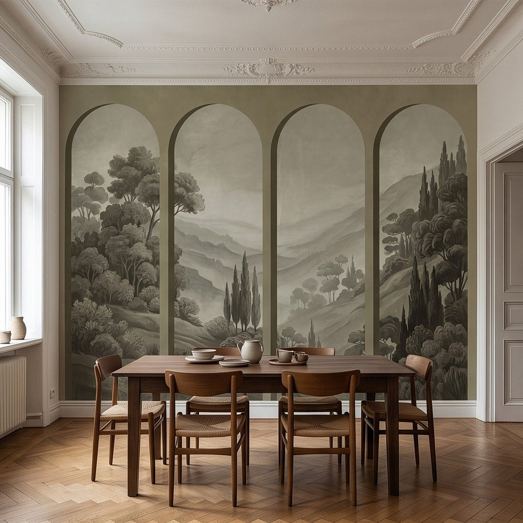 Vintage arched landscape wall mural in a dining room with table settings