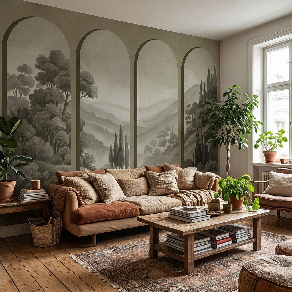 Gray landscape wall mural with repeating arched panels, trees, and distant hills
