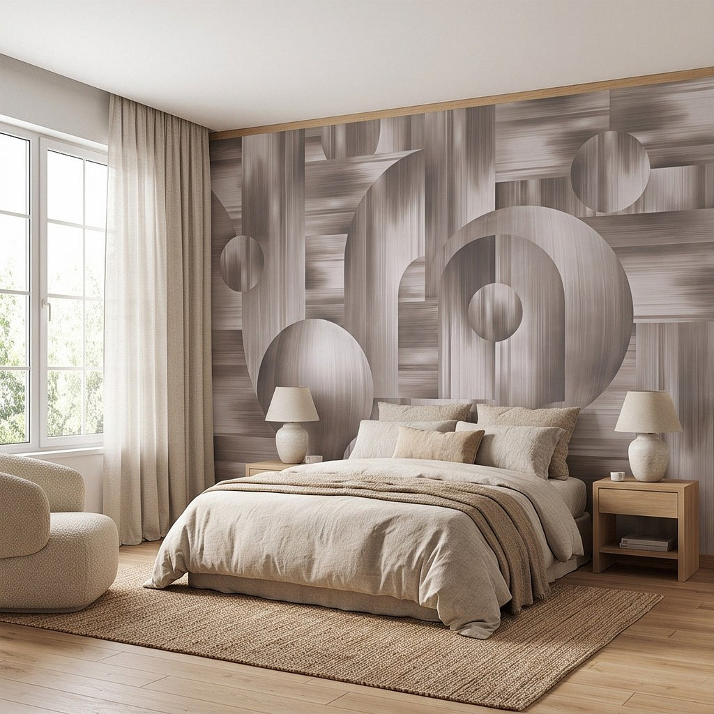 3D illusion wall mural featuring overlapping circles and curved geometric forms