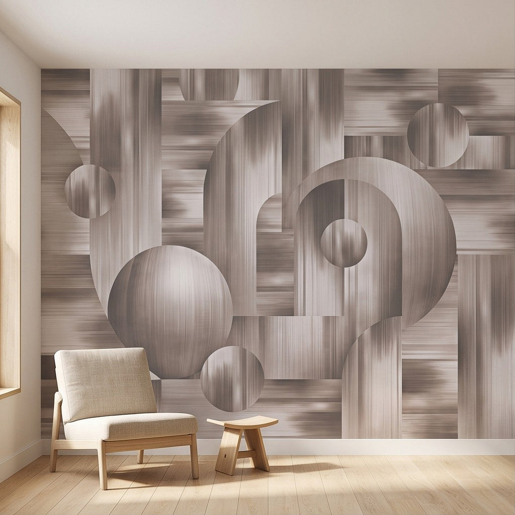 Textured wall mural with 3D interlocking circle shapes and stepped curved blocks