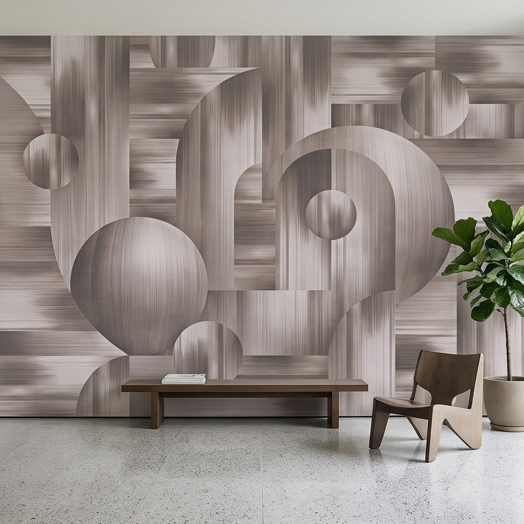 Textured geometric wall mural with overlapping circle discs and curved panels in gray neutrals