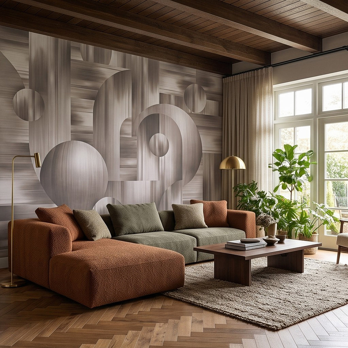 Neutral-toned 3D abstract wall mural with interlocking curved circles