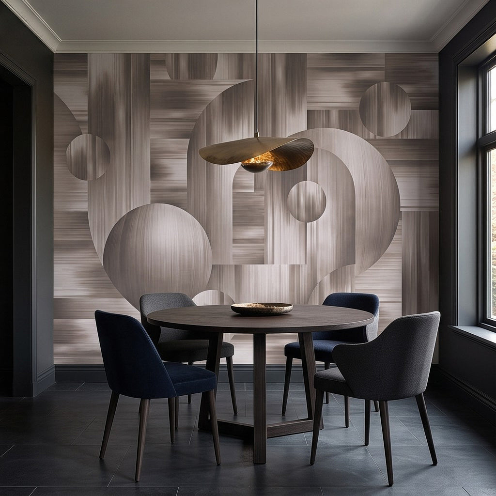 Textured wall mural with 3D interlocking circles and curved geometric forms in gray tones