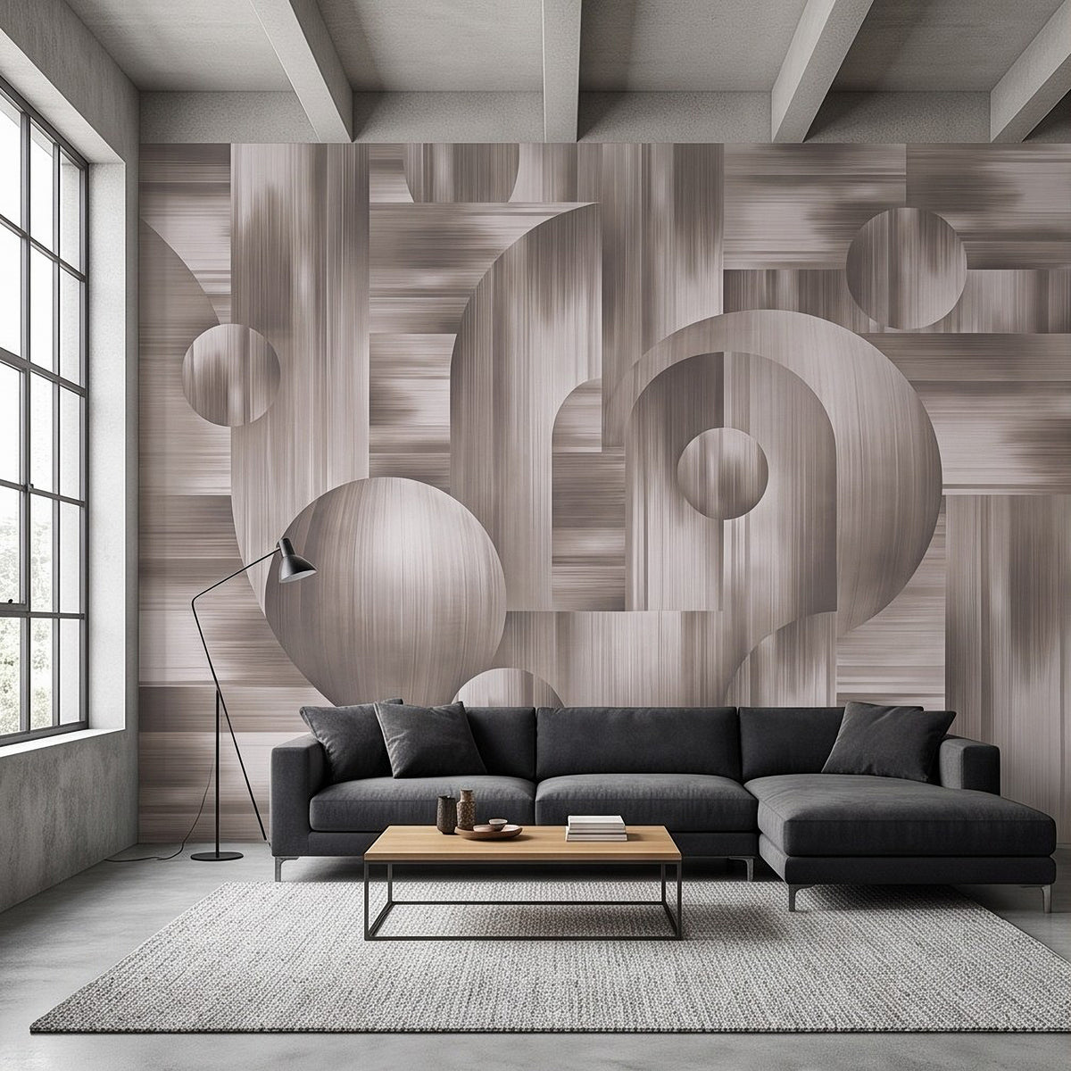 Textured wall mural with 3D illusion interlocking circles and arched geometric panels