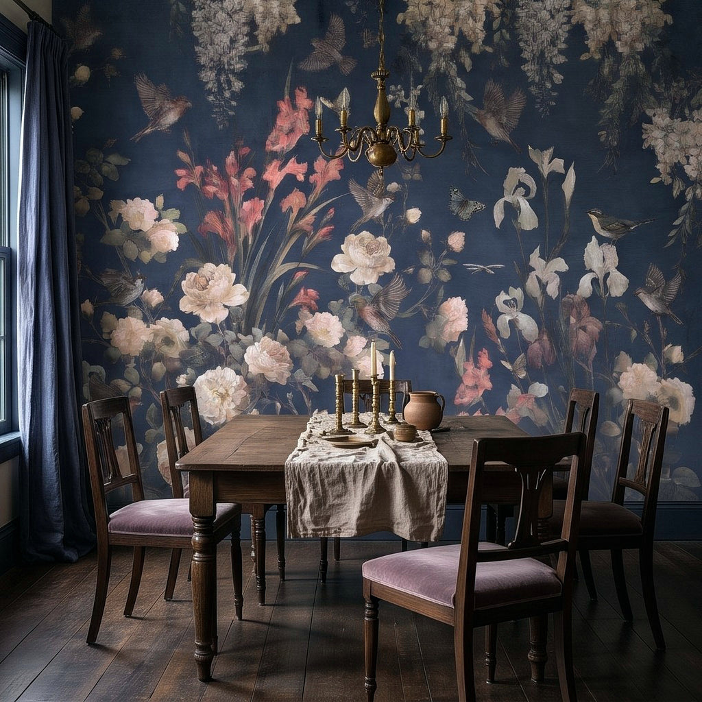 Navy Blue Floral Birds Vintage Chinoiserie White Roses Pink Flowers Flying Birds Butterflies Botanical Wall Mural