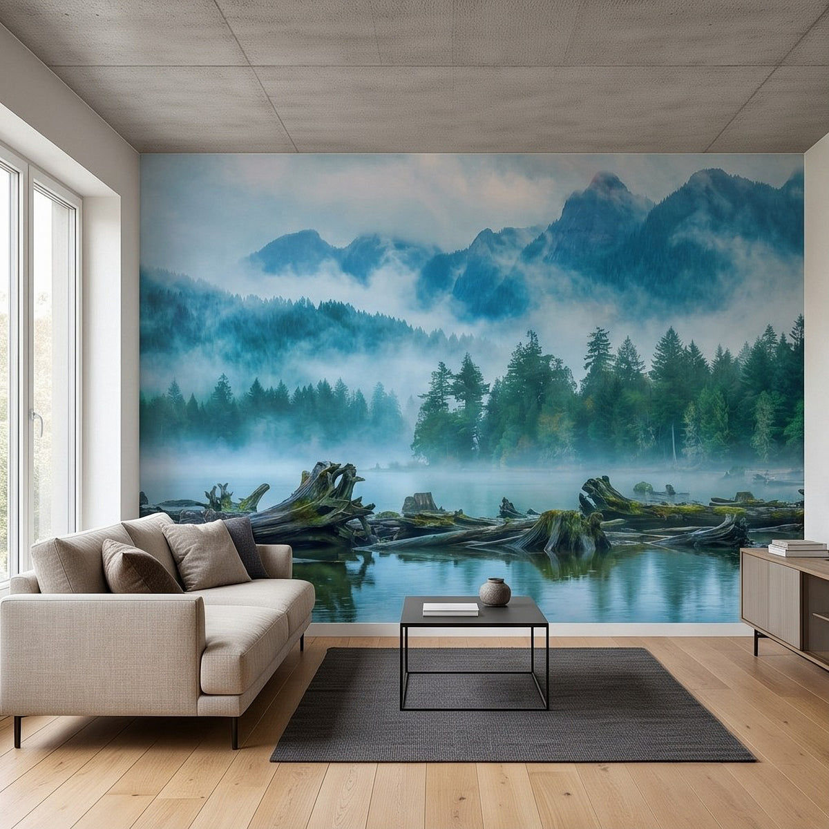Scenic alpine lake mist pine trees wall mural with mountain peaks in blue fog