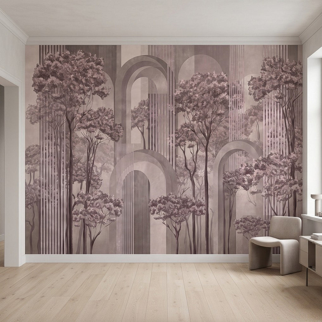 Wall mural design with forest trees, vertical stripe columns, and geometric arch outlines