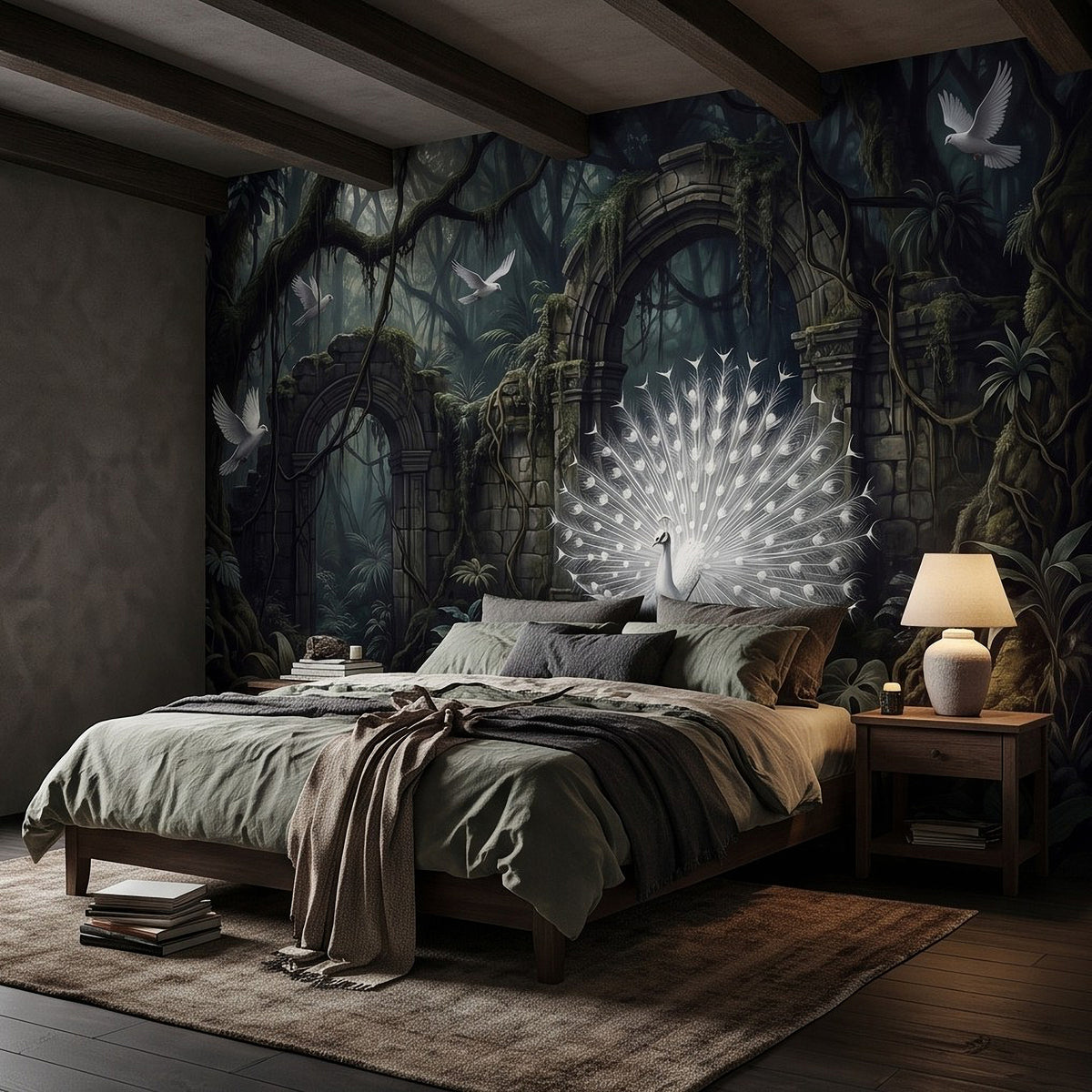 Bedroom wall mural featuring glowing peacock fan, stone arches, and white birds