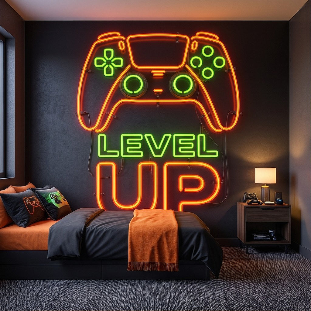 Level Up Gaming Neon Orange Green Glowing Controller Gamer Setup Arcade Sign Dark Background Esports Wall Mural