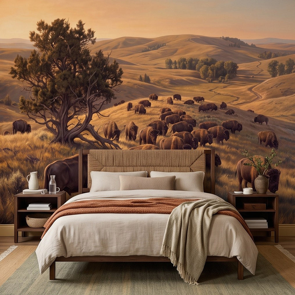 Buffalo herd prairie wall mural with lone tree and buffalo herd in grass