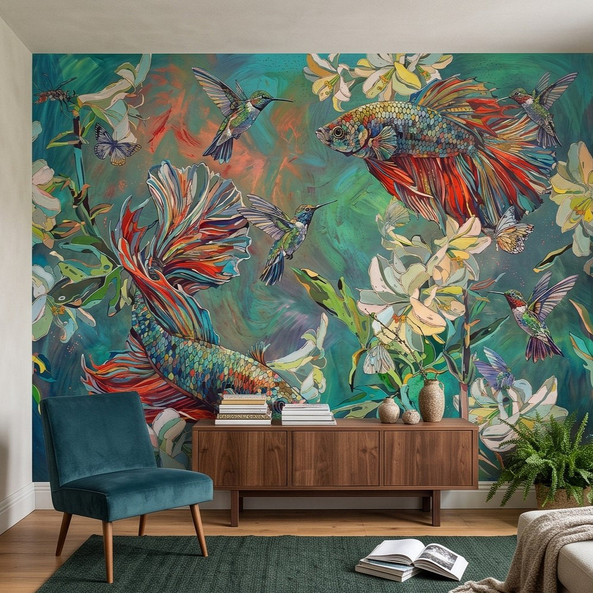 Tropical botanical wall mural featuring fish, hummingbirds, butterflies, and pale blossoms