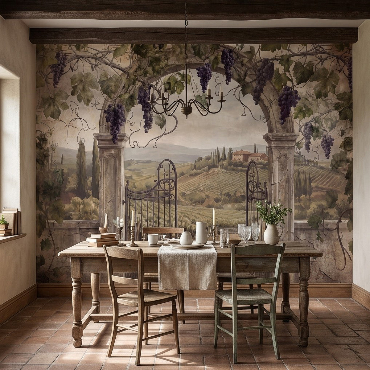 Iron gate vineyard wall mural with purple grape clusters, stone columns, and rolling hills.