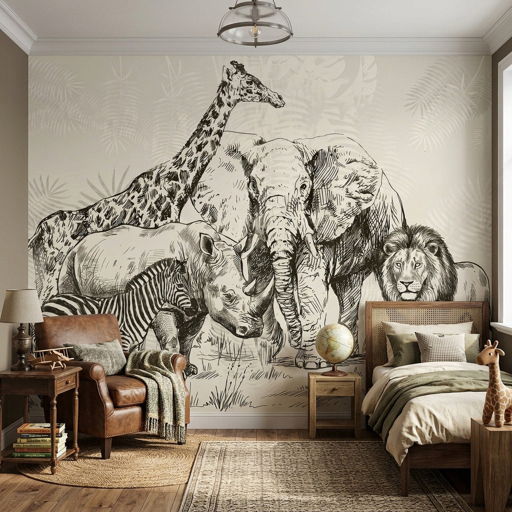 Safari wall mural with detailed black-and-white line art of elephant, lion, giraffe, zebra
