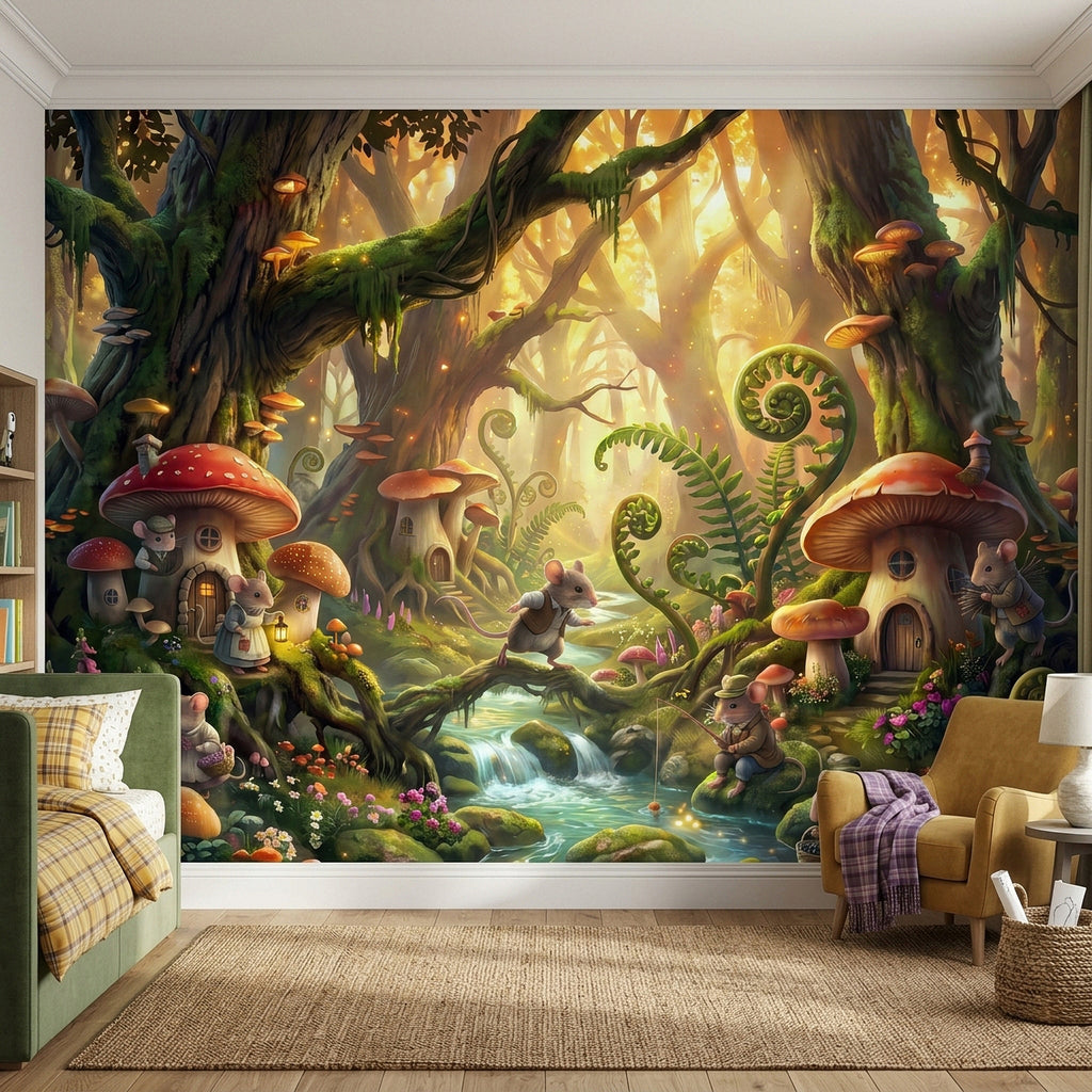 Sprawling forest wall mural with mushroom houses, mice characters, and golden light.