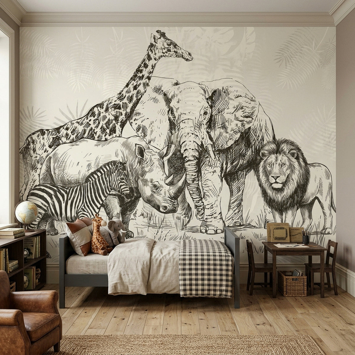 Safari wildlife wall mural with engraved elephant, lion, giraffe, zebra, and rhino scene.