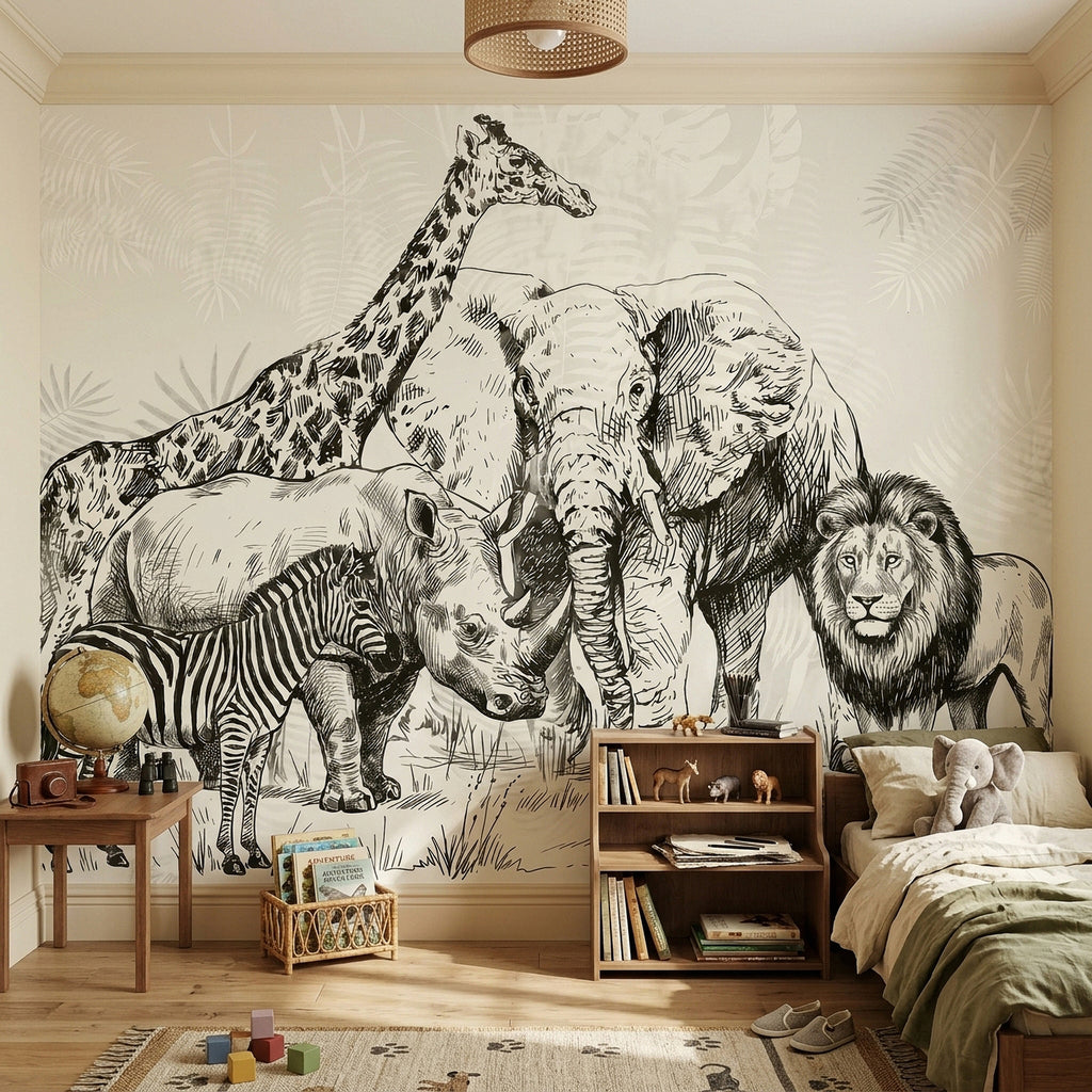 Engraved safari wall mural showing elephant, lion, giraffe, zebra, and rhino