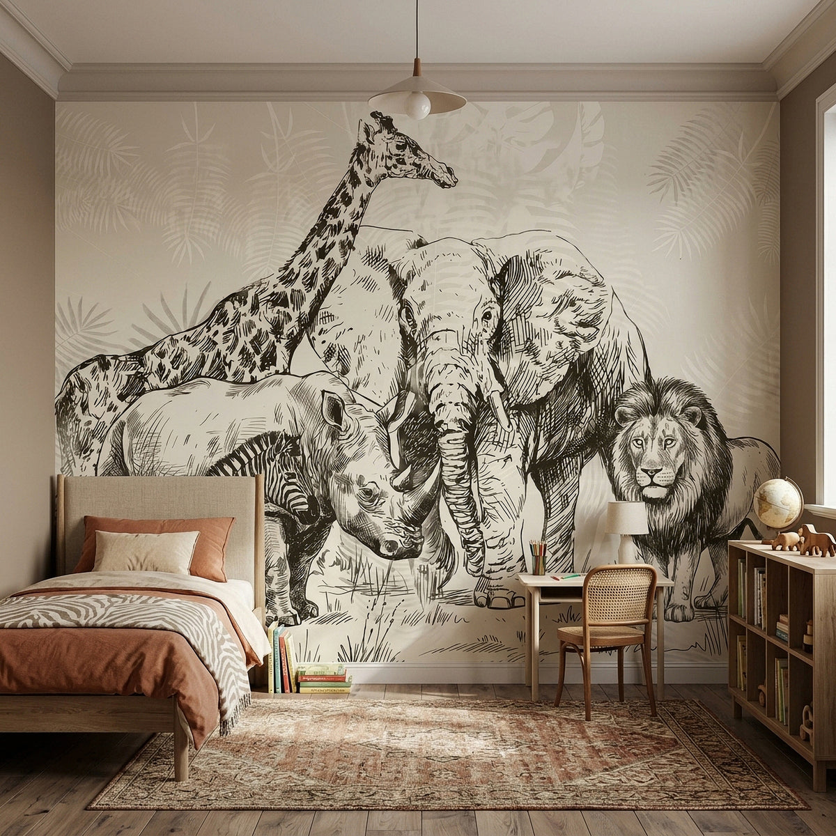 Safari wildlife wall mural in beige with engraved elephant, lion, rhino, giraffe, and zebra.