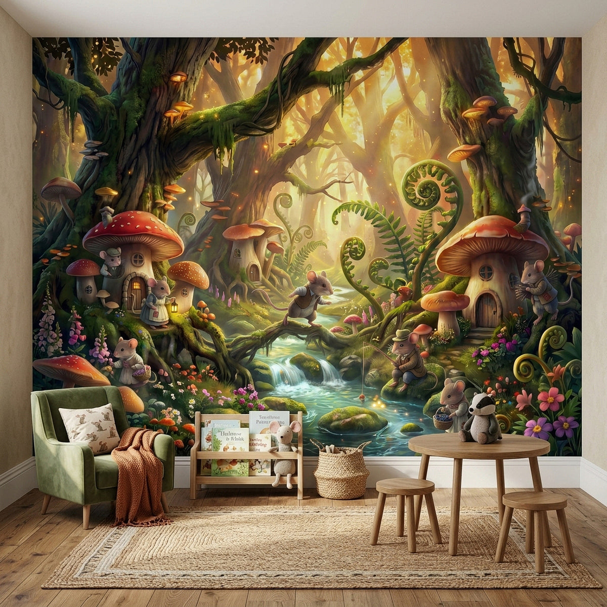 Enchanted forest wall mural with central stream, mushroom homes, mice, and green ferns.