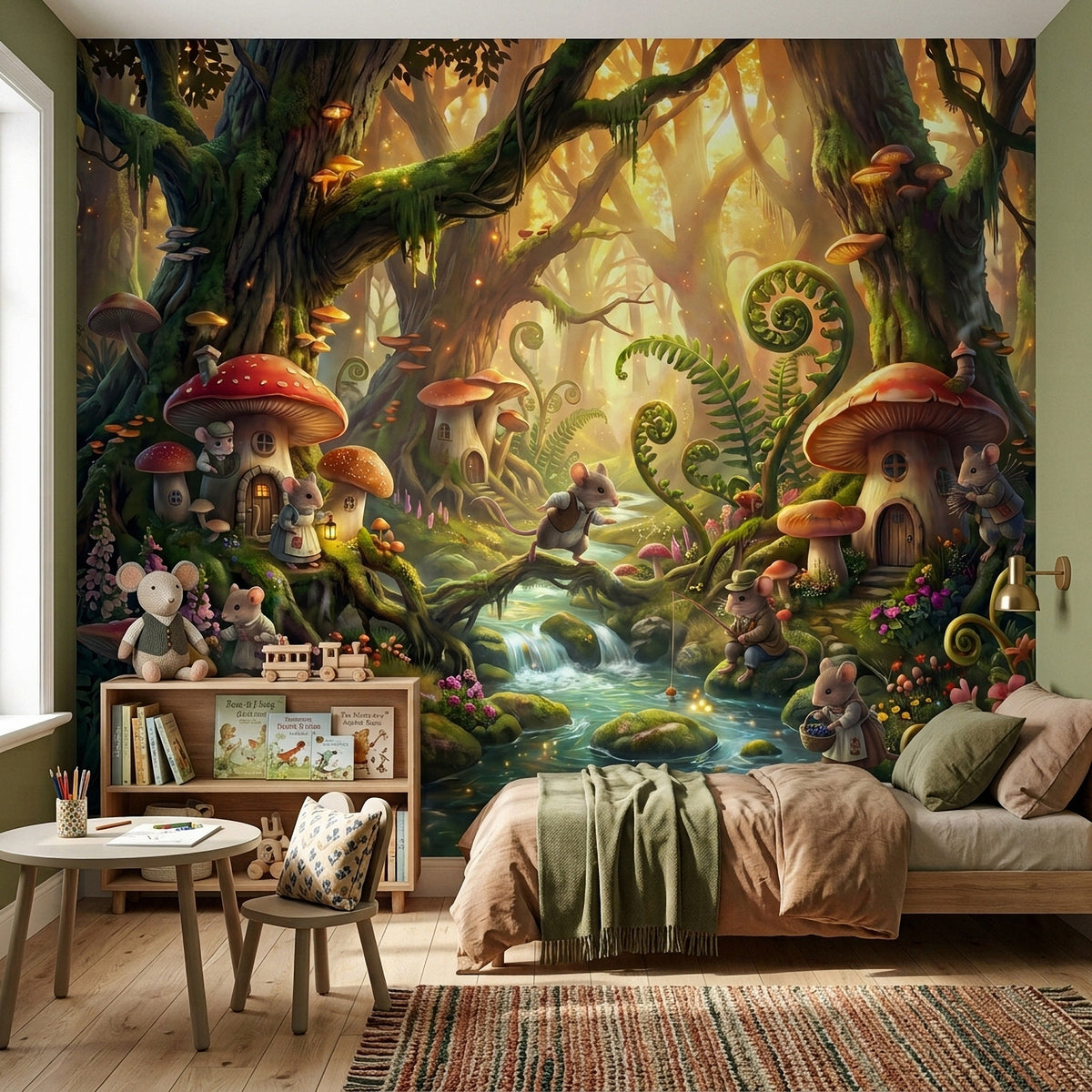 Fairy tale woodland wall mural featuring mushroom houses, mice, flowers, and a stream