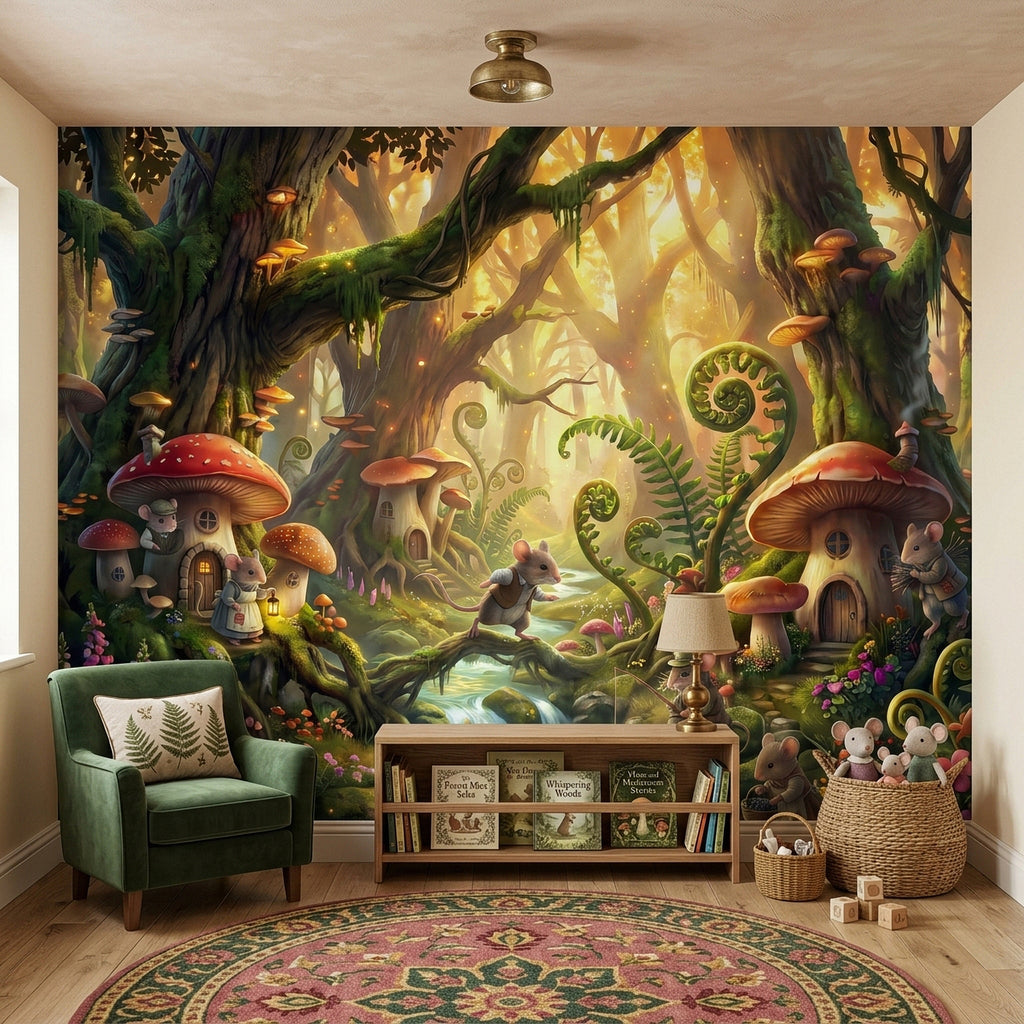 Woodland wall mural with mushroom houses, mice, glowing lantern light, and stream