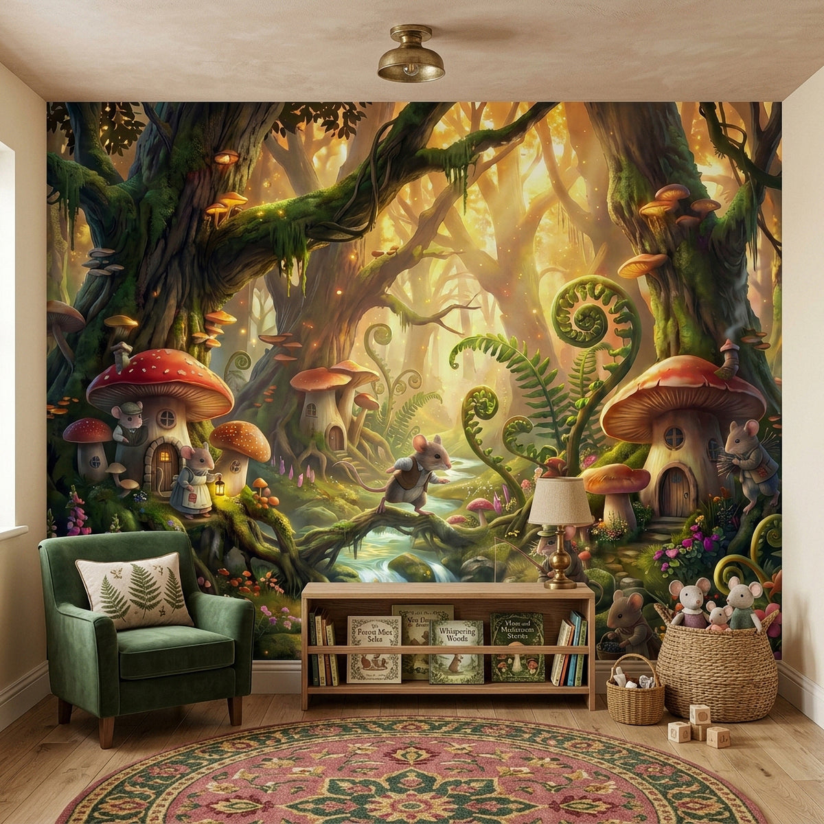 Woodland wall mural with mushroom houses, mice, glowing lantern light, and stream