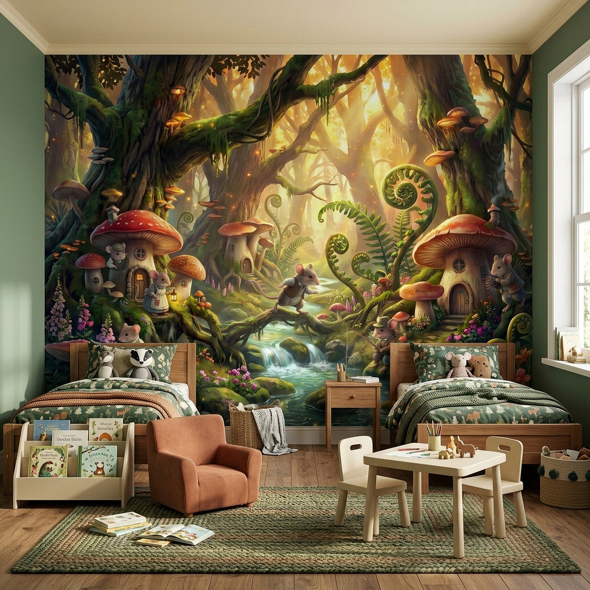 Fairy tale forest wall mural with mushroom houses, mice, flowers, ferns, and stream