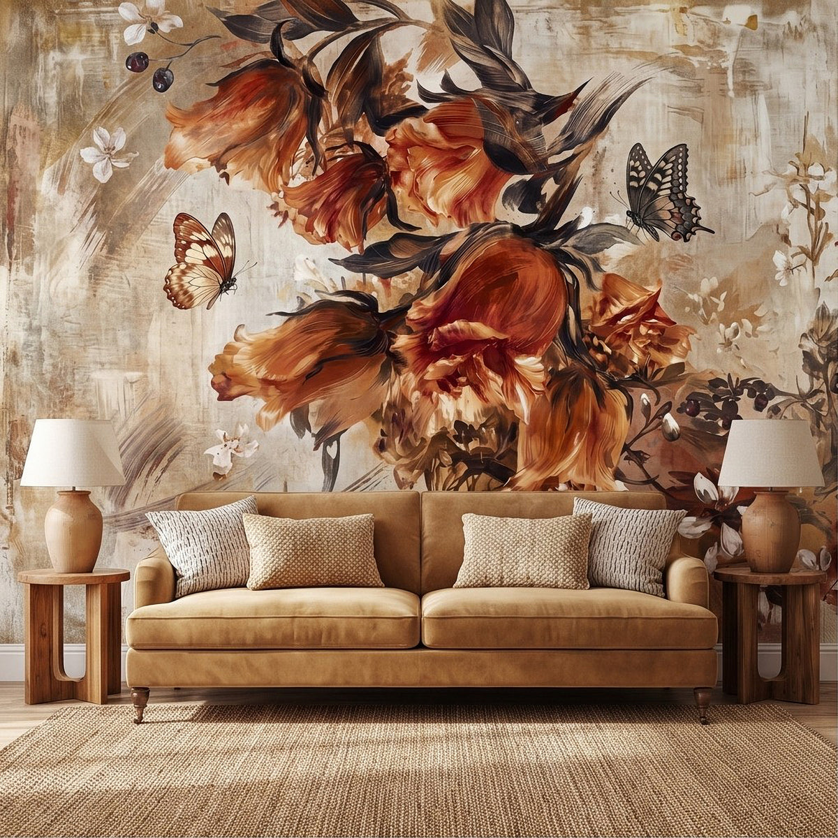 Floral botanical wall mural with painterly birds and butterflies, orange flowers, and scattered blossoms