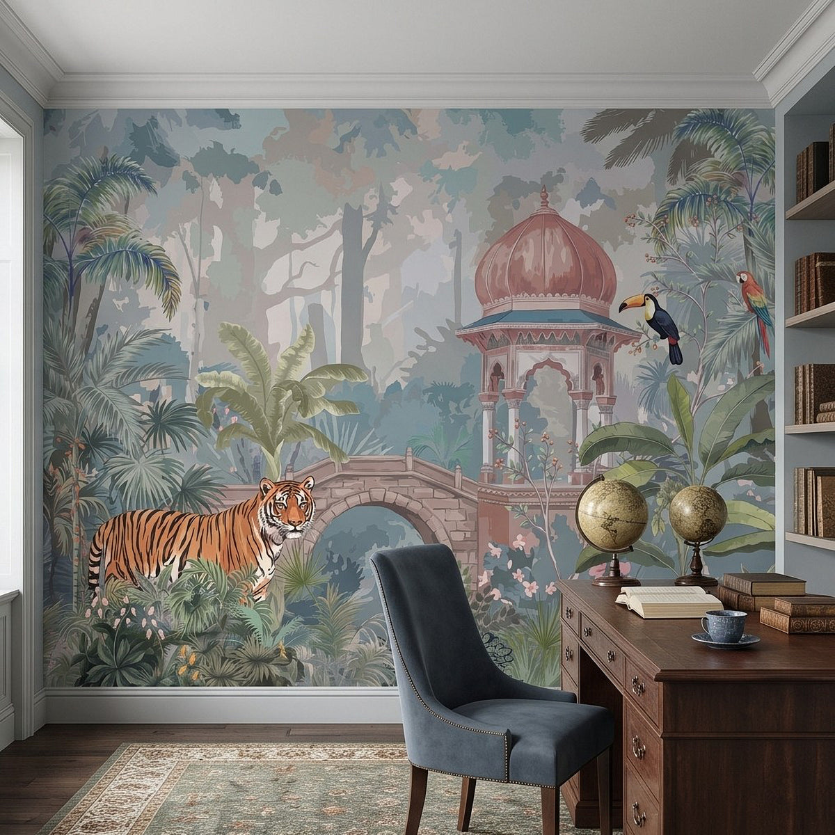 Tropical jungle wall mural with tiger peeking through greenery and birds near a pink tower