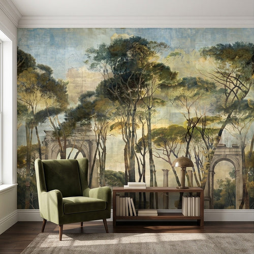 Wall mural behind a chair and cabinet, featuring trees and classical arches