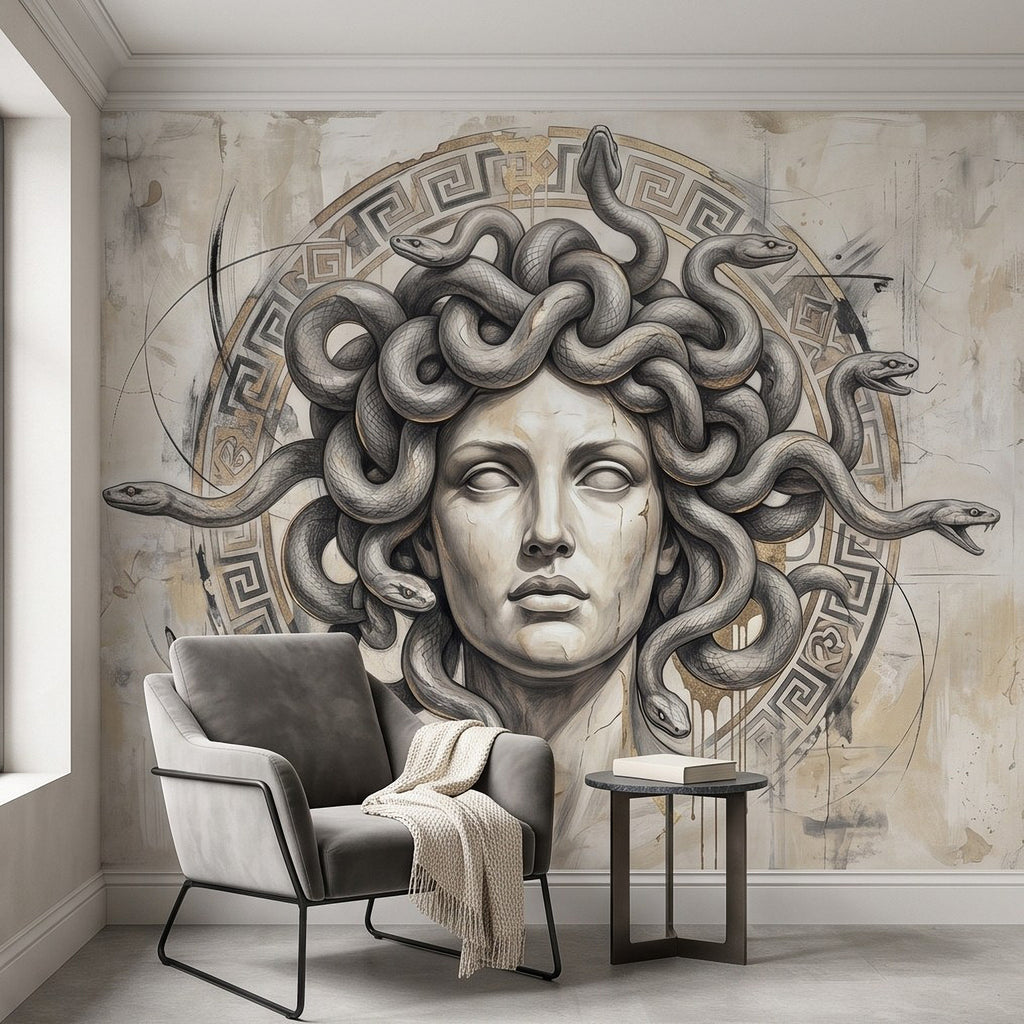 Corner wall mural showing Medusa portrait with gray serpents and Greek key ring