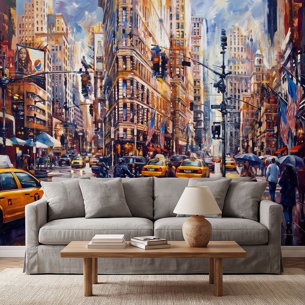 NYC rain cityscape wall mural with yellow taxis and buildings above a gray sofa