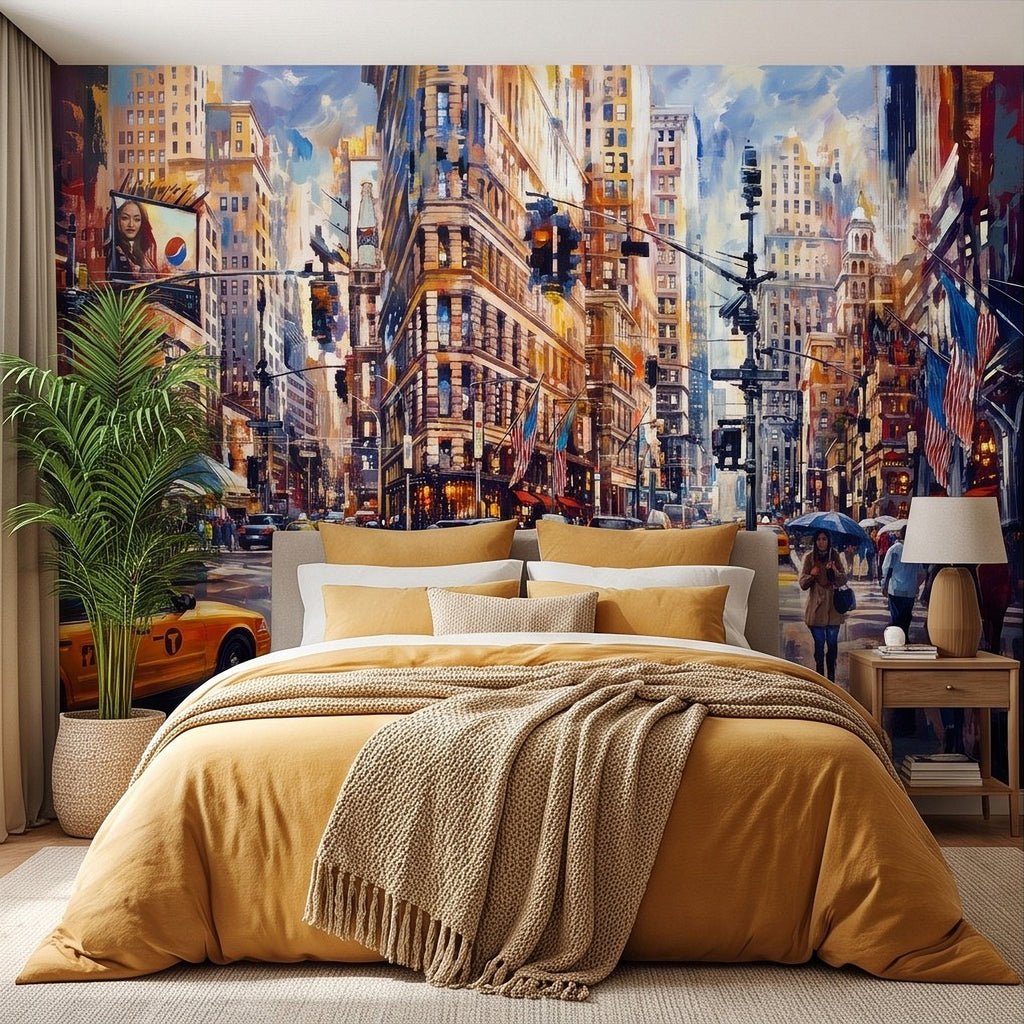 NYC rain street wall mural with yellow taxis, umbrellas, and tall buildings behind a bed