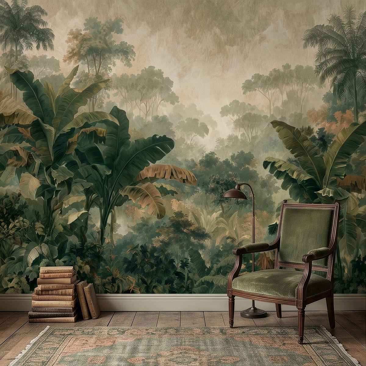 Tropical botanical wall mural with dense greenery, banana palms, and misty trees