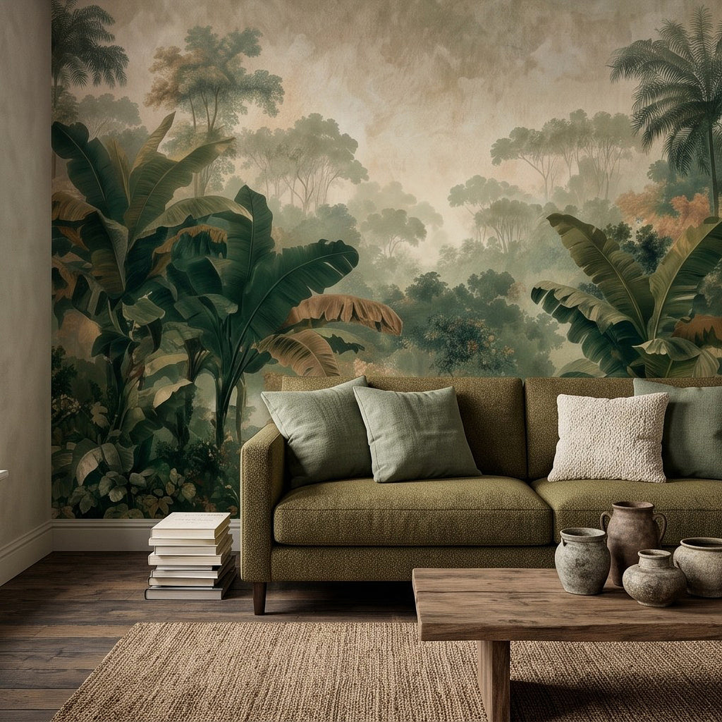 Jungle landscape wall mural with green banana palms, tropical plants, and hazy depth