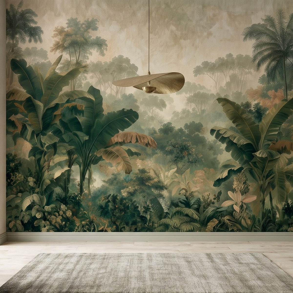 Tropical jungle wall mural section with tall palms, vines, and forest mist