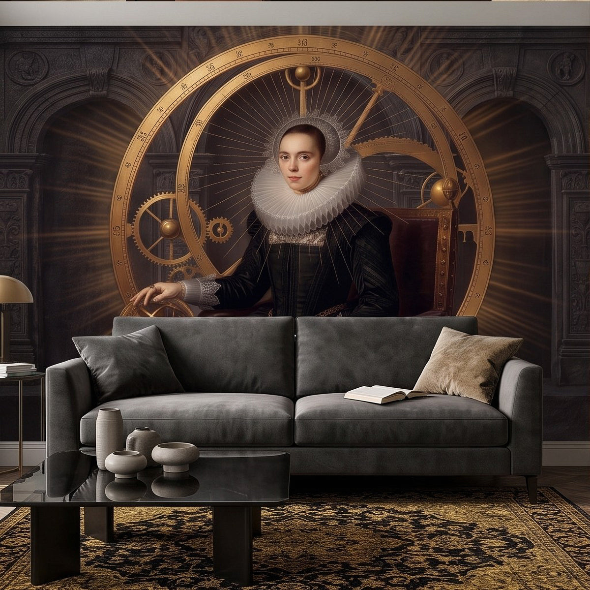 Antique wall mural of regal woman in dark dress with white ruffled collar in a clockwork ring