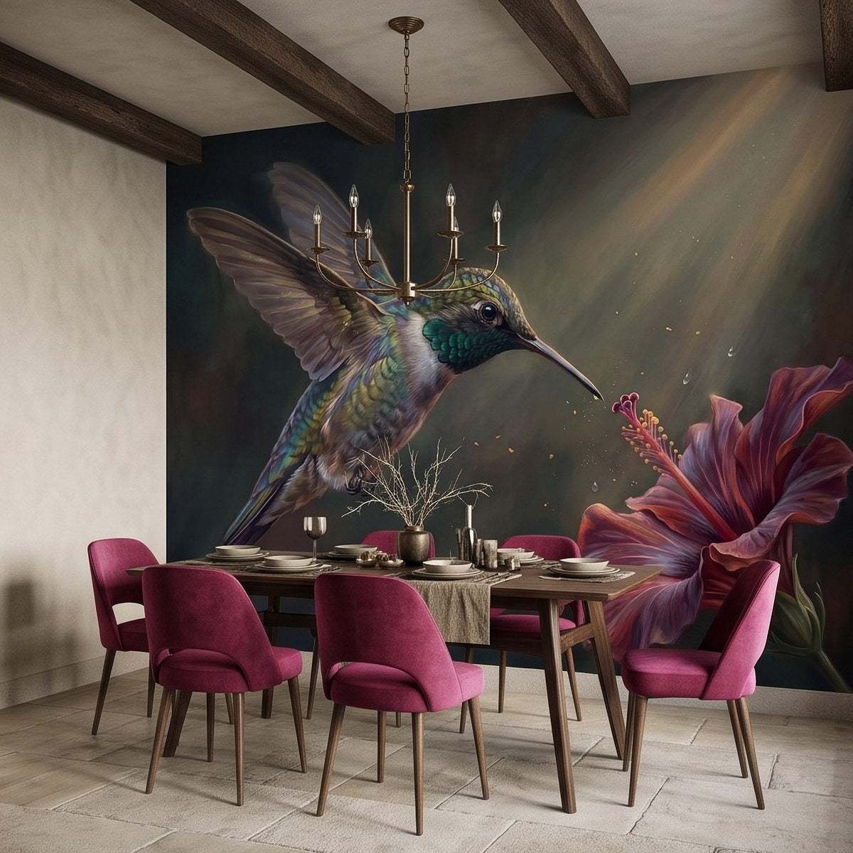 Hummingbird and hibiscus tropical wall mural above a dining table with chairs